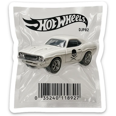 white 1971 Dodge Challenger Hot Wheels toy car, shiny and inflated, inspired by the movie 'Death Proof' sticker