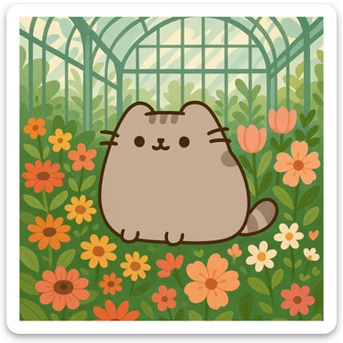 scottish fold pusheen cat surrounded by flowers in a botanical garden greenhouse sticker