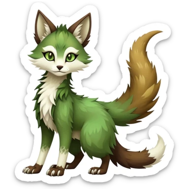 Kawaii dark edgy brown beige white fantasy ethereal feline-vernid-sergal-fursona animal creature with a tufted tail full body with intricate markings, hazel-gold-green eyes sticker
