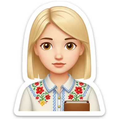 A Ukrainian girl in an embroidered shirt holds a diagram sticker