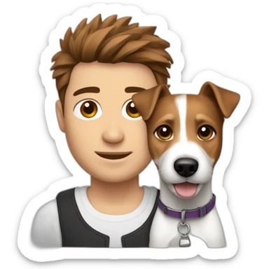 Man with modern cut spiky brown hair with jack russell terrier dog sticker