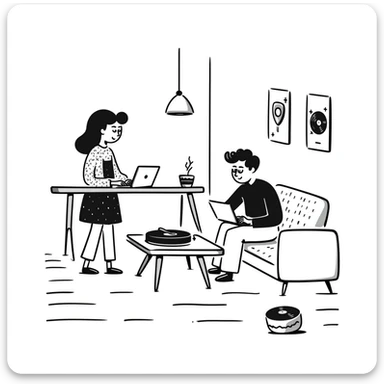 A mid-century modern living room with two people working on laptops — a woman standing working on the laptop and a man sitting on a couch with a laptop. The room has visible floor and two walls forming a corner, large window, modern pendant lamp, turntable, vinyl record stand, retro posters sticker