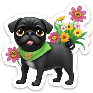 Black pug , surrounded by flowers, holding a green sign that says “good luck”  sticker