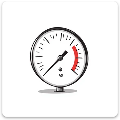 Pressure gauge with needle in red zone, measuring high pressure, mechanical measurement device sticker