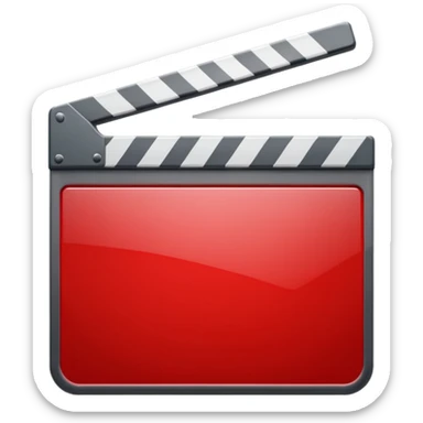 Glossy bright red clapperboard in the classic style of Apple icons: the top bar is tilted up-left, the body and bar with a deep glossy glare, dark gray edging, black background inside, perfectly square with rounded corners. sticker
