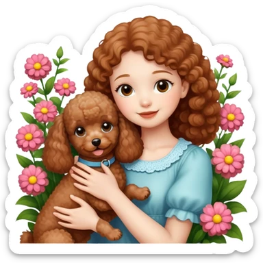 A beautiful girl happily hugs a brown toy  poodle in the flowers sticker