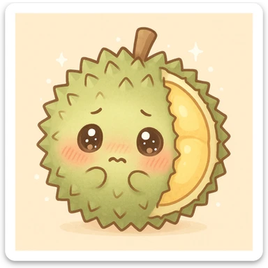 adorable chibi durian, round shape, green spiky shell, yellow flesh, blushing cheeks, shy with sparkly eyes, pastel tones sticker