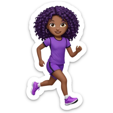 Uma boneca morena escura com olhos castanhos e cabelo cacheado longo preto até o peito, treinando correndo a roupa top roxo com detalhes preto e short roxo com detalhes preto sticker