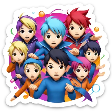 Icon for Anime: vibrant, dynamic scene with popular anime characters in action, featuring exaggerated expressions and colorful backgrounds. The design should reflect the distinct, energetic style of anime, with iconic eyes and unique visual elements. Transparent background. sticker