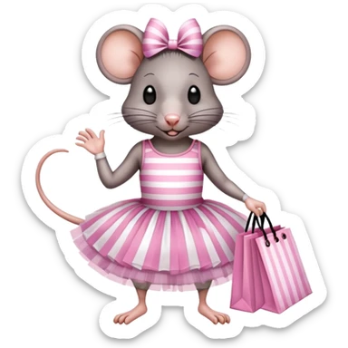 rat with a pink dress and tutu holding a black and white striped shopping bag sticker