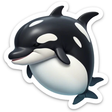 Meme-Worthy Cute Sleeping orca Portrait Emoji, Head resting peacefully with a contented smile, showcasing a smooth black-and-white body with gently drooping fins and eyes softly closed in serene slumber, Simplified yet adorably endearing features, highly detailed, glowing with a soft, drowsy deep-sea light, high shine, relaxed and utterly lovable, stylized with an air of playful oceanic laziness, soft glowing outline, capturing the essence of a sleeping orca that feels destined to become the next viral icon of adorable marine rest! sticker