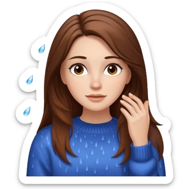 white woman with long brown hair and brown eyes, wearing a sweater, enjoying the rain, makeup visible sticker