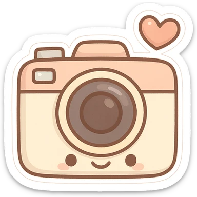 chibi sticker-style camera with a heart accent, cute and exaggerated sticker