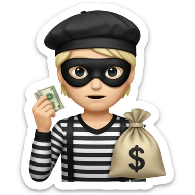 a short ios emoji-style portrait of a classic burglar, a black eye mask (looks like a blindfold) and a black-and-white striped shirt. emoji-like hair, black hat, ONE bag of money 💰 with a dollar sign in a right corner, evil expression WITHOUT a hand  sticker