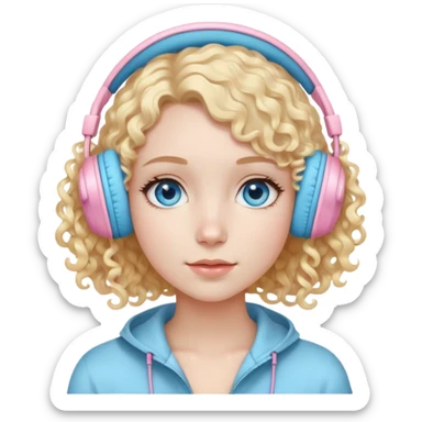 Girl Emoji, White Skin, Blue Eyes, Short light blonde golden curly hair in a long bob wearing light pink head phones  sticker