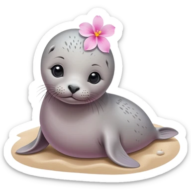 A small, slim baby seal resting gracefully on a sandy beach, with a delicate pink flower placed on its head.  Grey color sticker