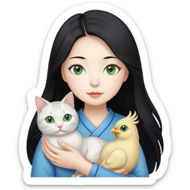 A pretty Korean woman with long black hair, white skin, holding a gray-lined green-eyed cat and a white blue-eyed blind chicken cat
 sticker