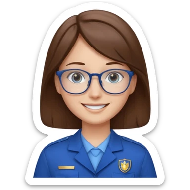 Generate from my photo brown hair blue eyes with glasses wearing care blue uniform sticker