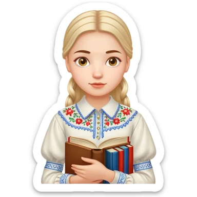 A Ukrainian girl in an embroidered shirt holds many books sticker