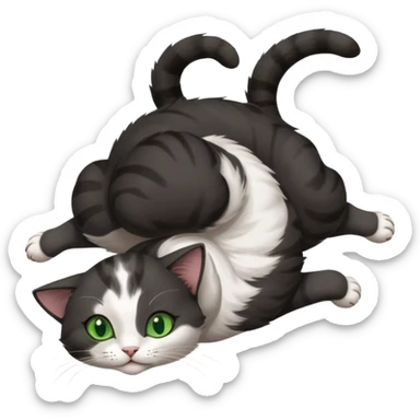 beautiful female solid dark grey cat with green eyes, white toes/paws and white patch on her chest playfully rolling upside down sticker