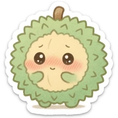 chibi style soft fluffy durian character, round, green spiky shell, yellow flesh, blushing, shy, sparkly eyes, pastel palette, full-body sticker