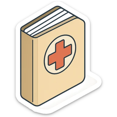 medical record with red cross on cover, 2D isometric style, very detailed drawing, shadows and highlights, clean contours, soft lighting, transparent background sticker