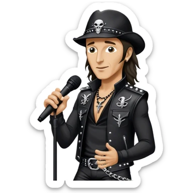 Icon for Rock Music: Klaus Meine holds a microphone stand in his hands performing with Scorpions on stage, with powerful stage presence. The vibe should capture the energetic and iconic sound of Scorpions, with vibrant lighting and a stadium atmosphere. Transparent background. sticker