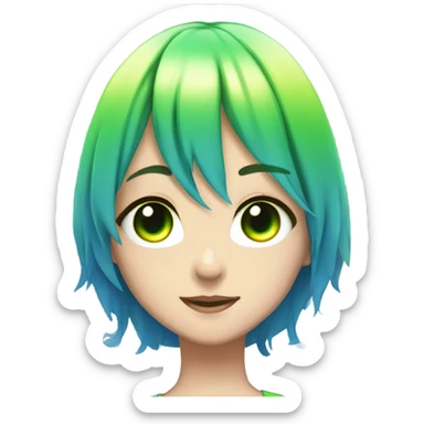 A anime girl with green glowing eyes and rainbow hair and a beautiful blue dress sticker