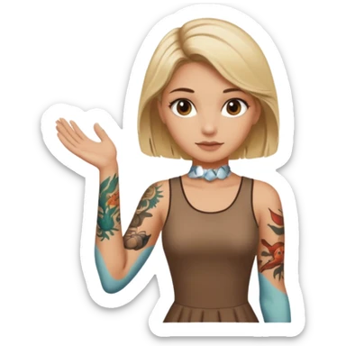 Blonde white girl with dark roots, sunkissed tan, and marine life tattoos on one arm wearing brown dress. Brown eyes sticker