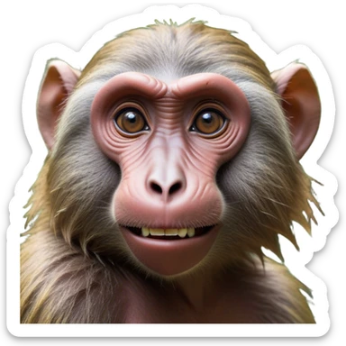 Cinematic Realistic Comical Baboon Portrait Emoji, Head tilted dramatically with an exaggeratedly amused expression, featuring a striking, ruggedly textured face with boldly expressive eyes full of playful disbelief, rendered with vivid, lifelike detail and natural earthy hues, high shine, dramatic yet playful, styled with an air of cheeky jungle mischief, soft glowing outline, capturing the essence of a spirited and over‐the‐top baboon that looks ready to chatter its way into viral fame! sticker