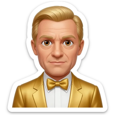 Goldfinger from James Bond Series with brown eyes, blonde hair, gold suit with bow tie sticker