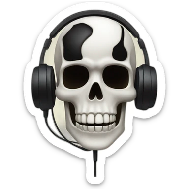 Skeleton mask with a long black mask underneath it and headset with a microphone sticker