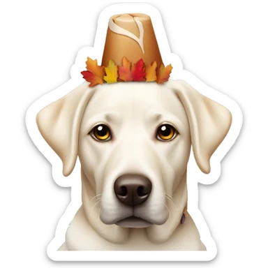 White lab wearing turkey headband sticker