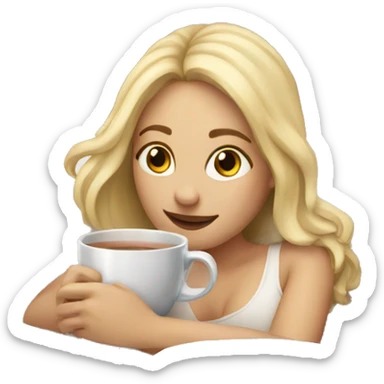 Blonde girl laying in bed with cup of tea and laptop sticker