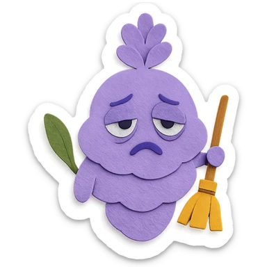 chubby lavender-colored lavender flower character with droopy eyes and a tired face, holding a tiny broom, paper-craft style sticker
