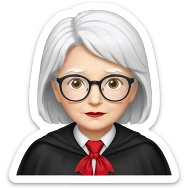 An older woman with glasses and white hair, in a red tie and black cape sticker