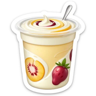 small yogurt cup with peeled-back foil lid, creamy yogurt with fruit swirls, no spoon or extras, soft lighting, subtle shadows, emoji scale sticker