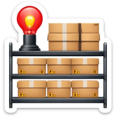 industrial shelf front view with packages on the shelf and a single glowing lamp above like a traffic light dot sticker