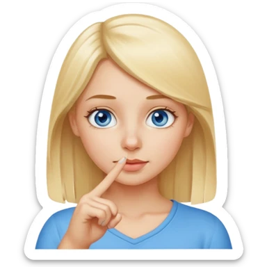 a blond girl with blue eyes putting a finger on the tip of the nose sticker