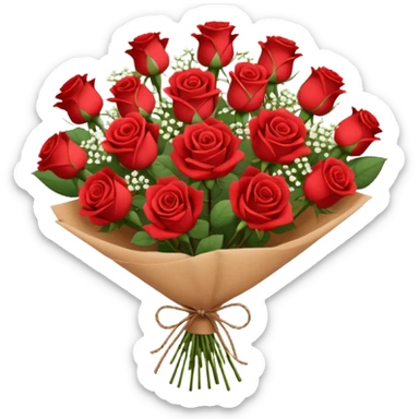 A brown paper-wrapped bouquet of fresh roses and baby’s breath sticker