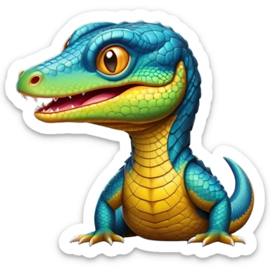 Cinematic Comical Monitor Lizard Portrait Emoji, Head tilted dramatically with an exaggeratedly shocked expression, featuring a robust, patterned body with wide, comically expressive eyes full of humorous disbelief, Simplified yet hilariously expressive features, highly detailed, glowing with a slightly sassy glow, high shine, dramatic yet playful, stylized with an air of quirky reptilian attitude, soft glowing outline, capturing the essence of a meme-worthy monitor lizard that looks ready to side-eye its way into viral fame! sticker