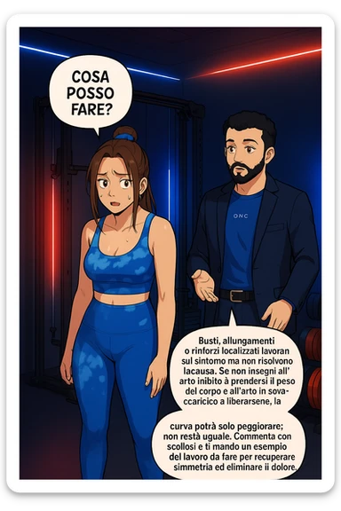 ispirati a questo stile di disegno e fai questa immagine in versione manga/webtoon a colori, il manga mostra la donna preoccupata che chiede: "COSA POSSO FARE?" E L'UOMO CHE RISPONDE: Busti, allungamenti o rinforzi localizzati lavorano sul sintomo ma non risolvono la causa. Se non insegni all’arto inibito a prendersi il peso del corpo e all’arto in sovraccarico a liberarsene, la curva potrà solo peggiorare; non resta uguale. Commenta con scoliosi e ti mando un esempio del lavoro da fare per recuperare simmetria ed eliminare il dolore. sticker