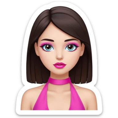 generate a pretty fair bratz girl with dark brown eyes, dark brown hair straight long. Wearing a hot pink halter neck top.  pink lipgloss. light blue eyeshadow sticker