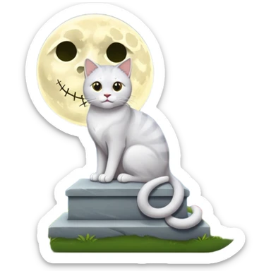 grau weiße Katze bei vollmond auf dem friedhof neben einem grabstein sticker