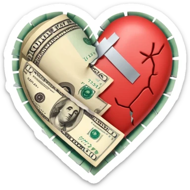 A broken heart glued together by dollars sticker
