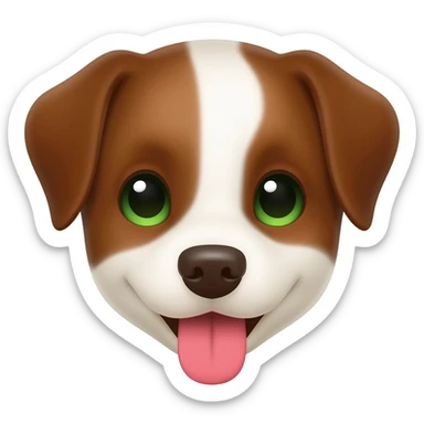 Crea un emoji de un perrito marrón con blanco con las orejas puntiagudas pero caídas y de ojos verdes sacando la lengua sticker