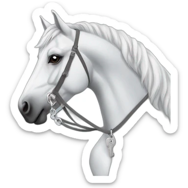 White stallion mustang wearing a grey key around the neck only necklace no mouth strap showing neck no lock sticker