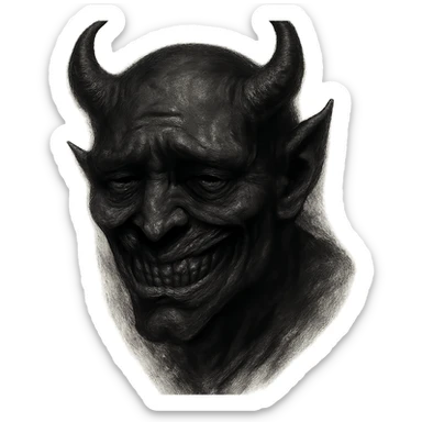 dark, sneering demonic face with vicious features, sad eyes, expressing depression and pessimism, perpetrator vibe sticker