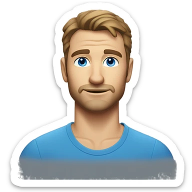 A head and shoulders shot of a 34 year old Caucasian man, with short brown hair, with stubble facial hair,   with blue eyes wearing a t-shirt. sticker