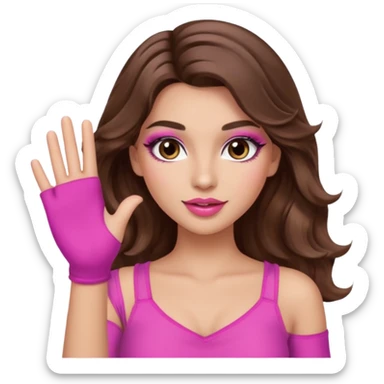 girl with long wavy brown hair, brown eyes, long lashes makeup, sexy pink lips, light to medium complexion, pink sexy top,waving sticker